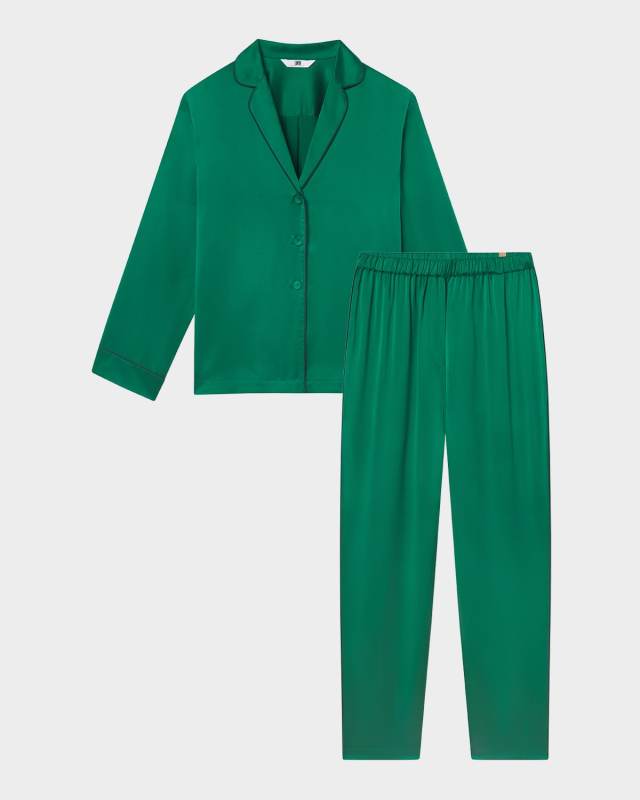 Piped Washable Silk Long-Sleeve Pajama Set